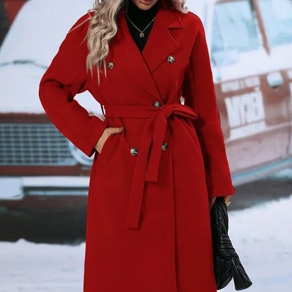 Casual Women's Double Breasted  Lapel Neck Belted jacket Overcoat RED - Picture 4 of 6
